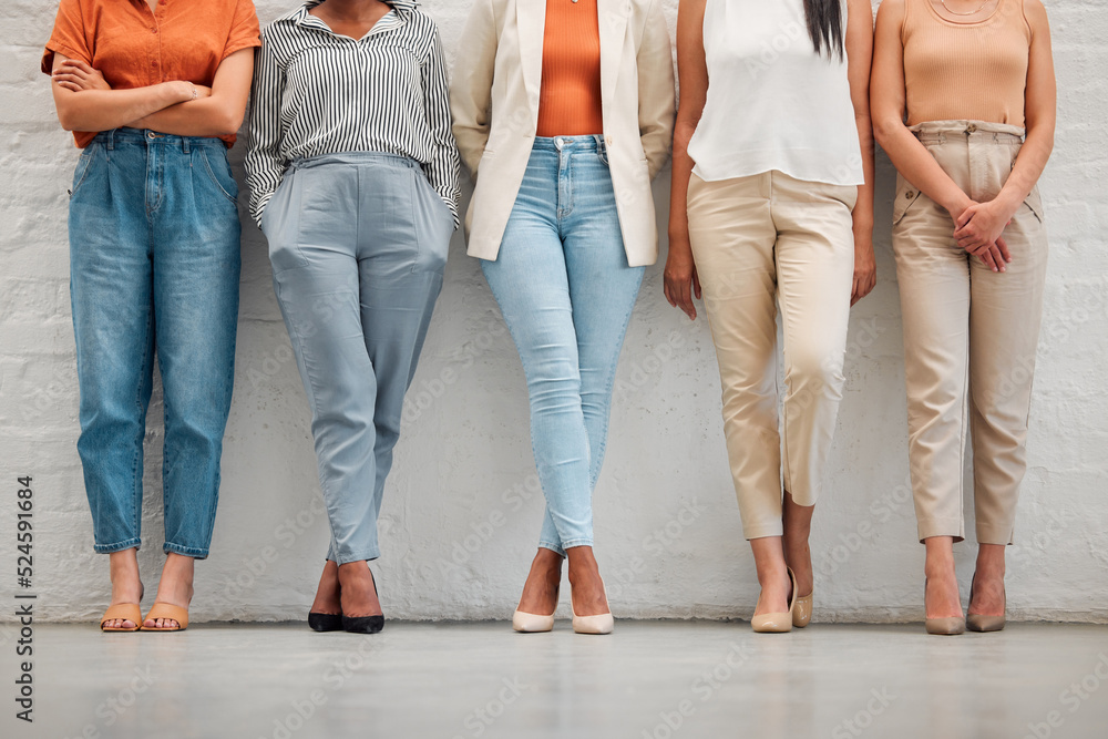 Trendy, fashionable and stylish women standing in a row for a design, marketing or stylist job inter