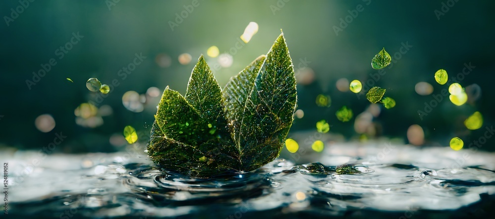 梦幻般的背景，绿色的叶子漂浮在蓝色的水晶水上，有波纹和散焦。数字3D