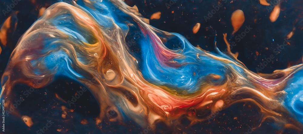 Spectacular image of blue and orange liquid ink churning together, with a realistic texture and grea