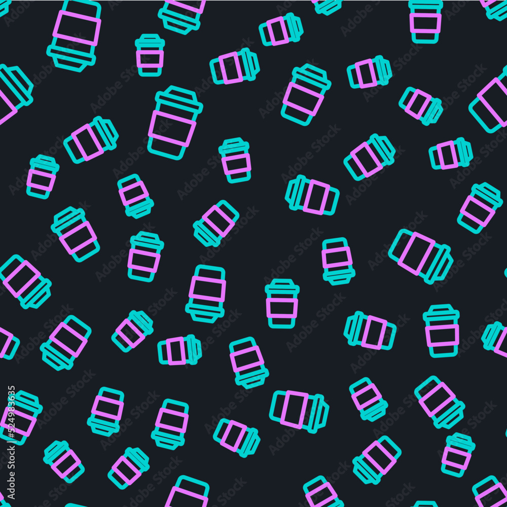 Line Cup of tea icon isolated seamless pattern on black background. Vector