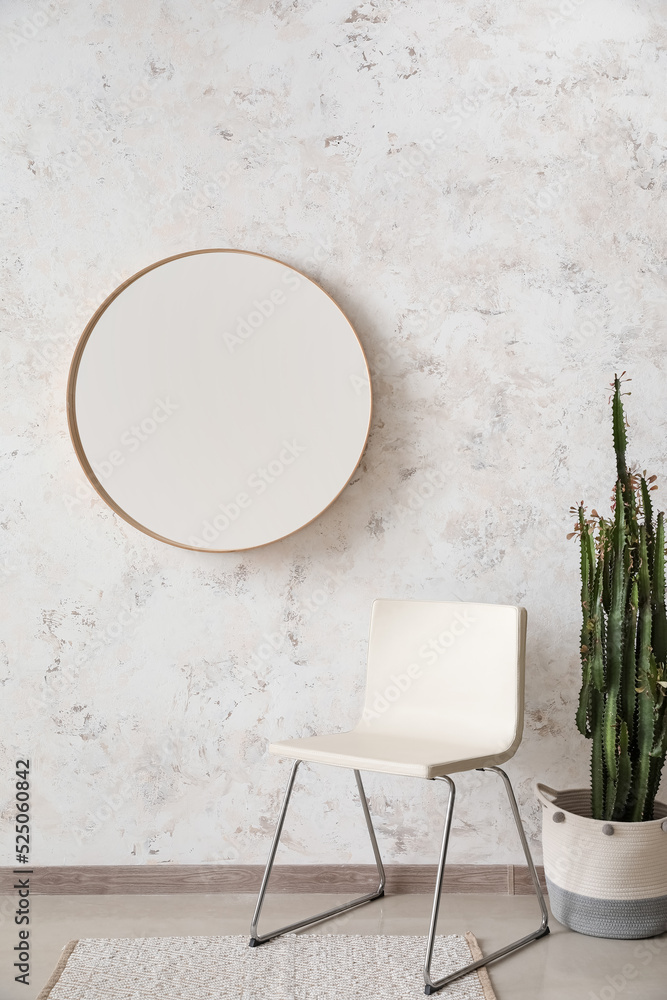 Stylish chair, cactus and mirror hanging on light wall