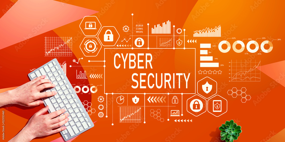 Cyber security theme with person using computer keyboard