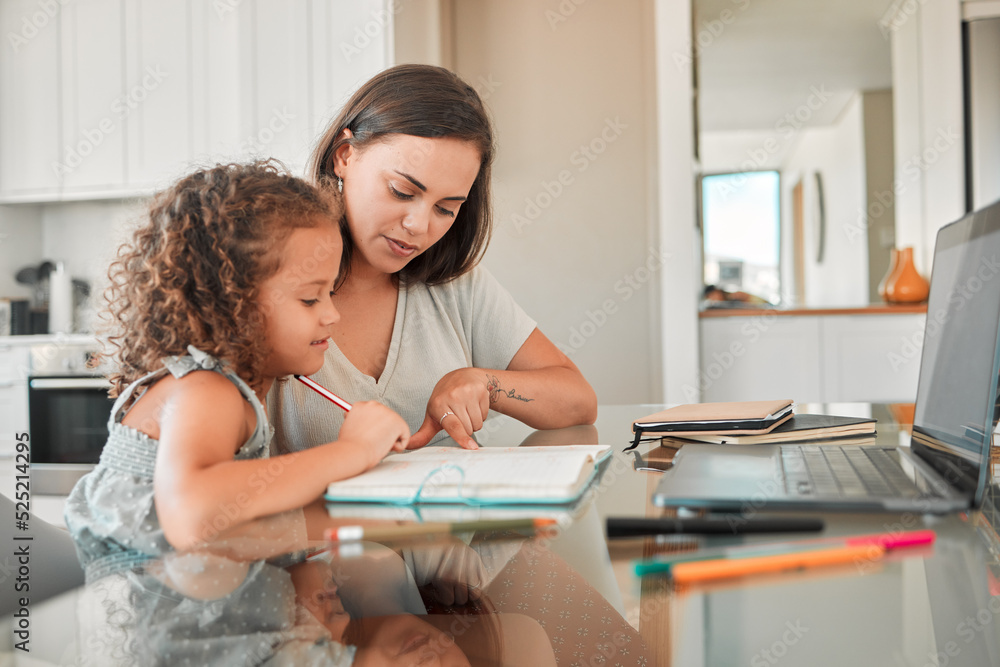 Mother, child and learning of parent helping her daughter with homework in the kitchen for education