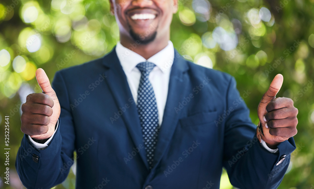 Happy businessman, corporate success and two thumbs up sign. Focus hands of African entrepreneur wor