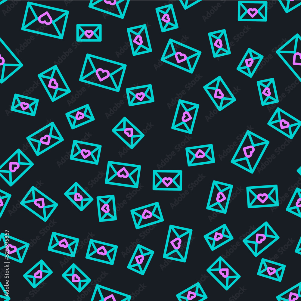 Line Envelope with Valentine heart icon isolated seamless pattern on black background. Message love.