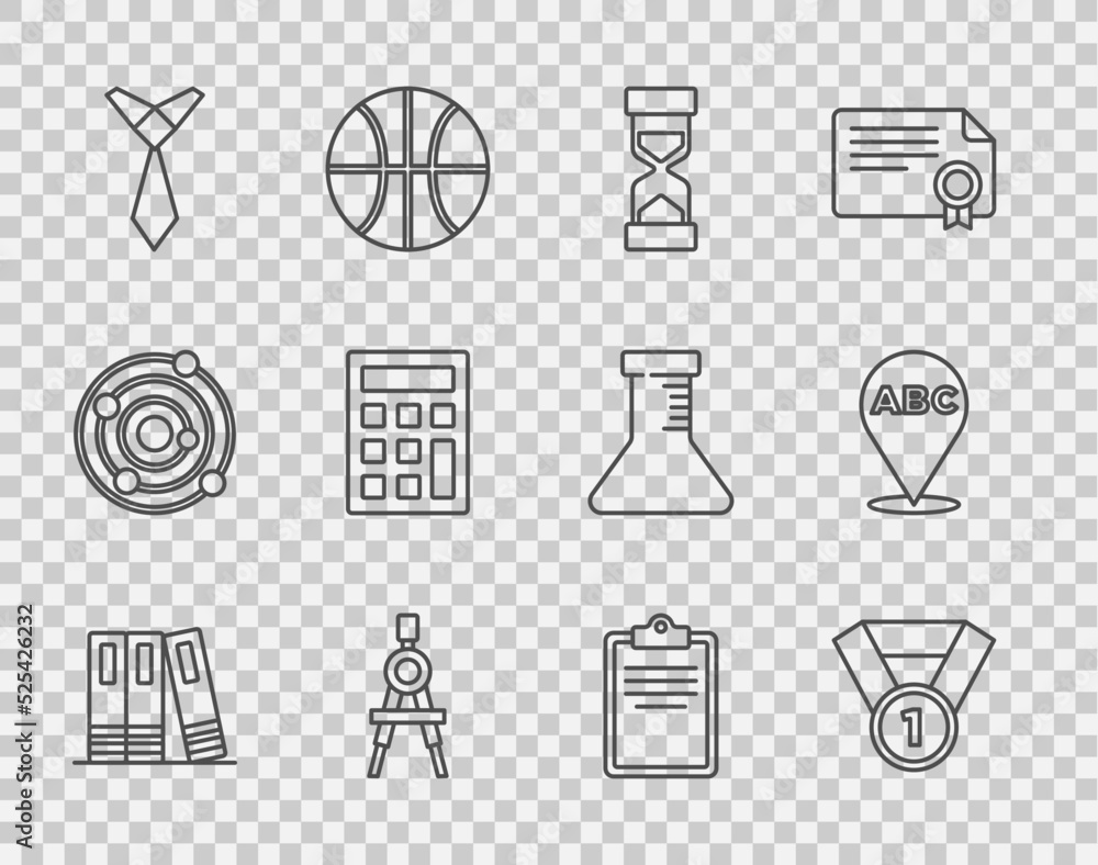 Set line Office folders, Medal, Old hourglass with sand, Drawing compass, Tie, Calculator, Clipboard