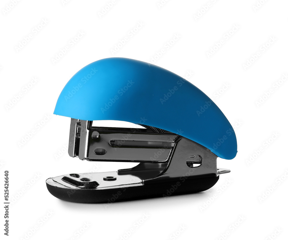 Modern blue stapler on white background