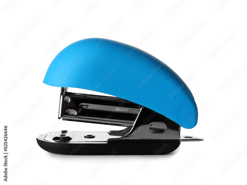 Modern blue stapler on white background