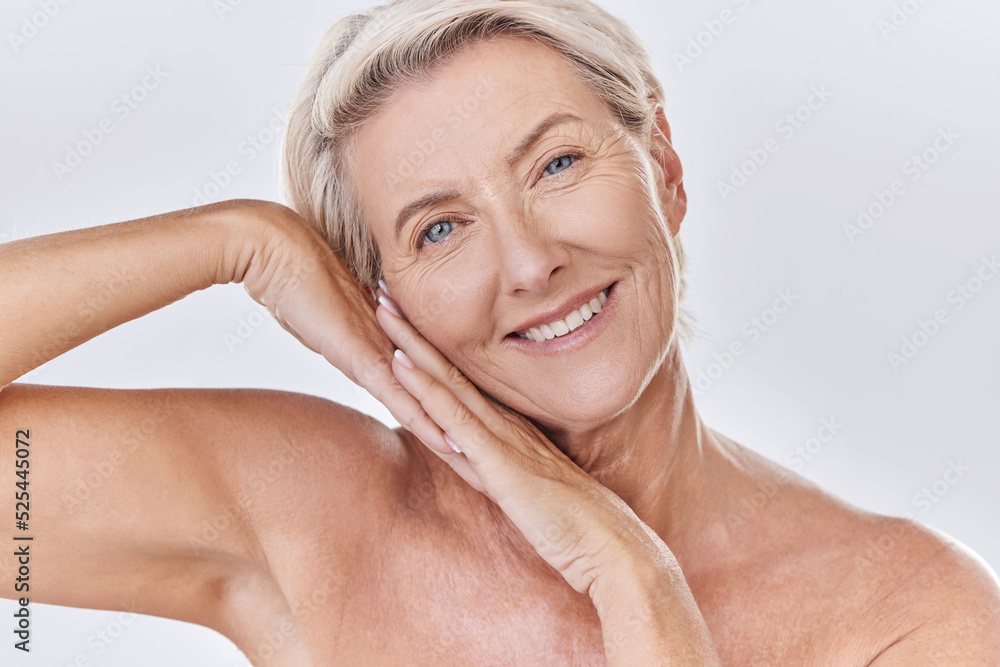 Skincare, clean and happy senior woman face resting on hands in a studio portrait. Elderly beauty sk