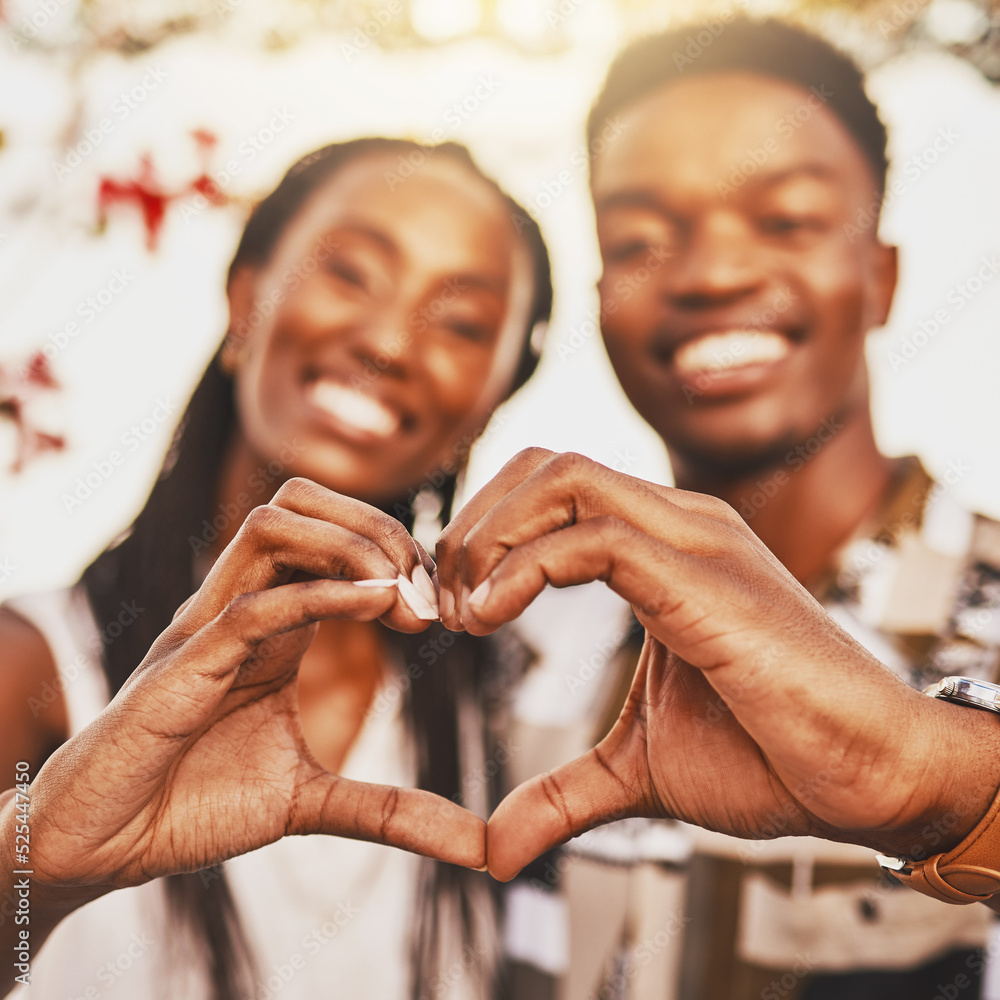 Heart hands, emoji and love of couple smile, happy and showing kindness, trust and support. Closeup 