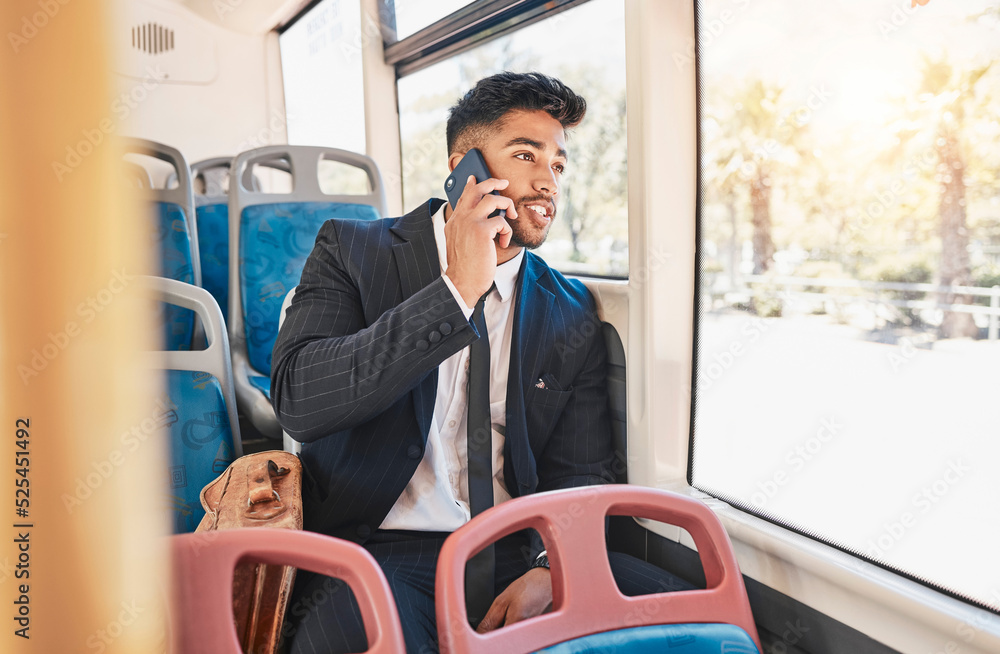 Phone, travel or communication with a business man talking and networking on a bus, public transport