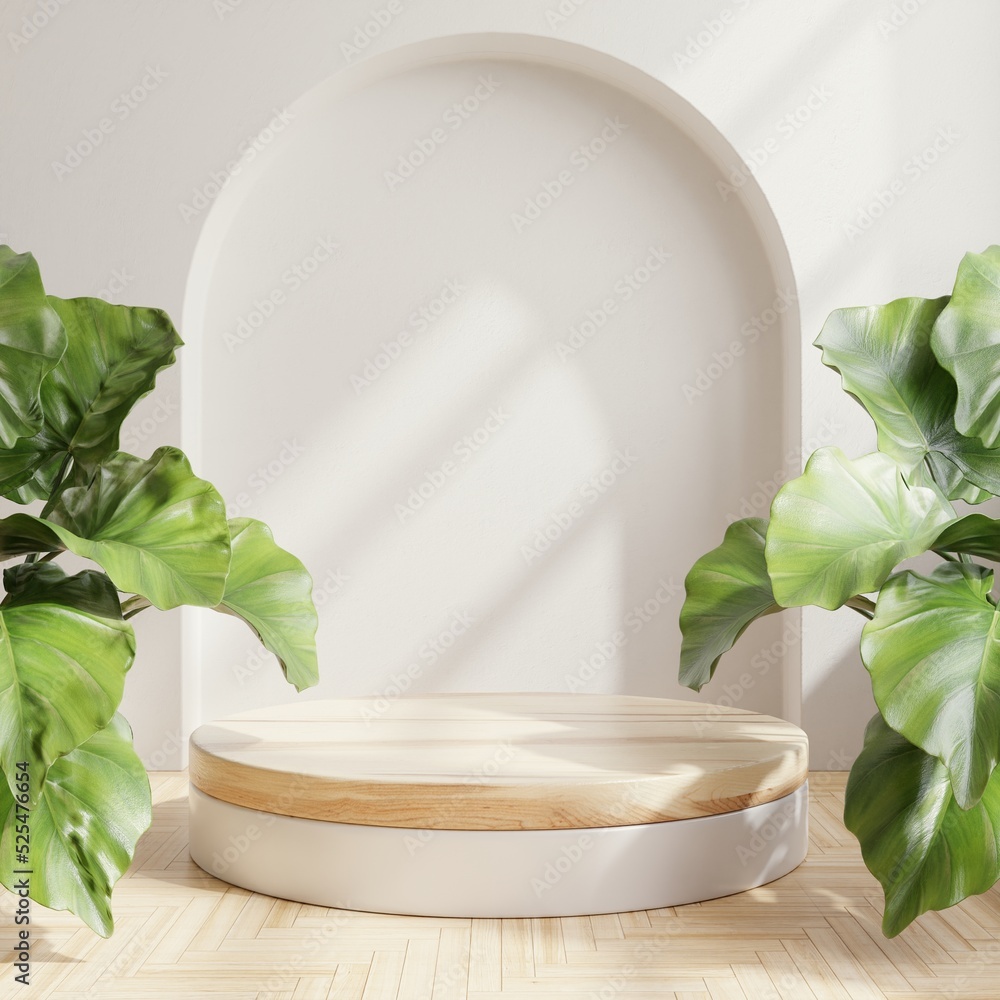 Wooden pedestal in white wall for product presentation.