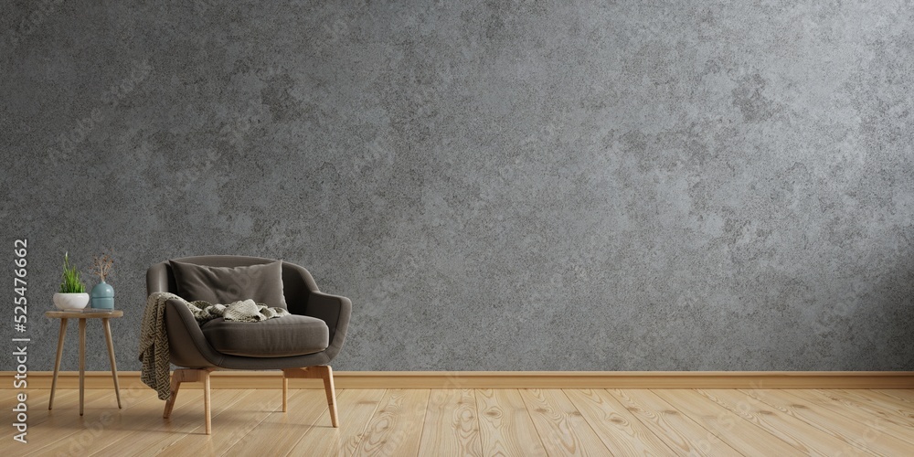 Living room interior style loft with armchair on empty concrete wall background.