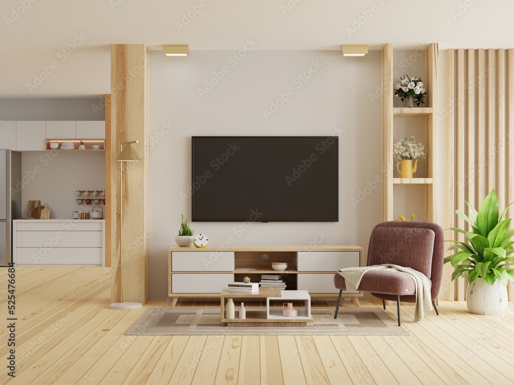 TV room interior mockup in warm tones with armchair which is front the kitchen.