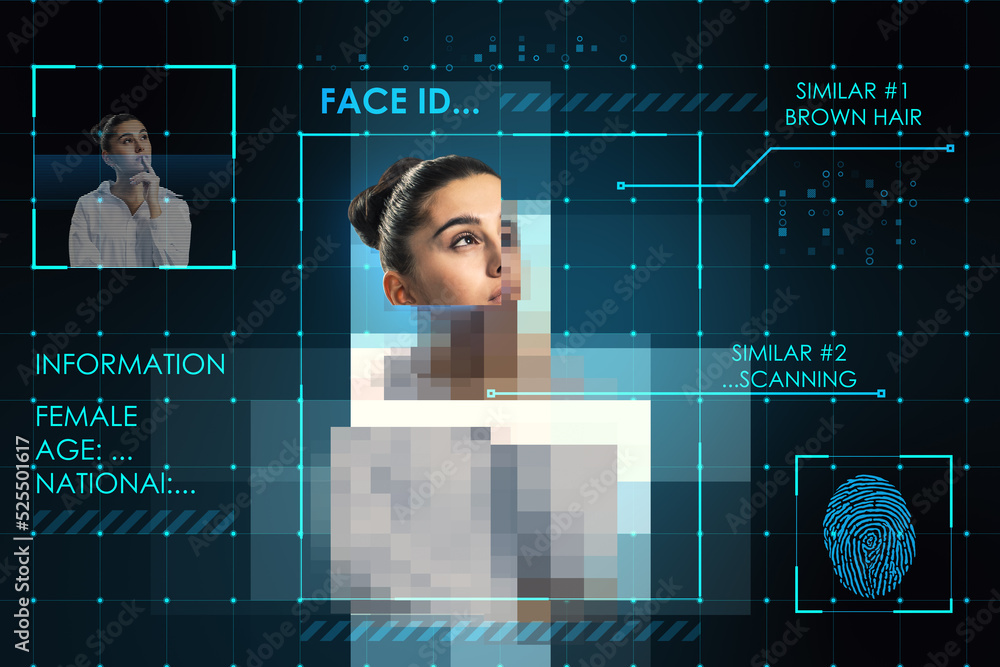 Abstract image of european female face ID scanning. Digital scan and biometric recognition.