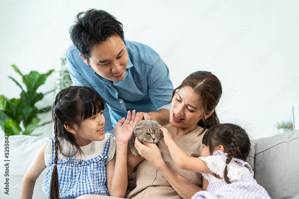 一对亚洲情侣和女儿在家里的客厅里抚摸着猫。