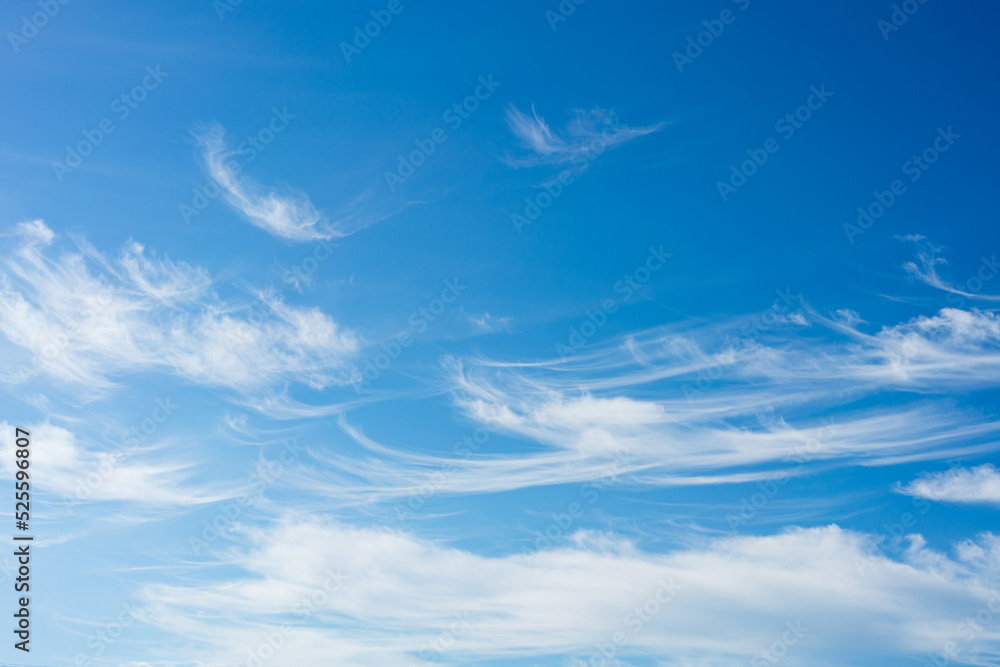 Blue sky and cirrus white high clouds. Horizontal.