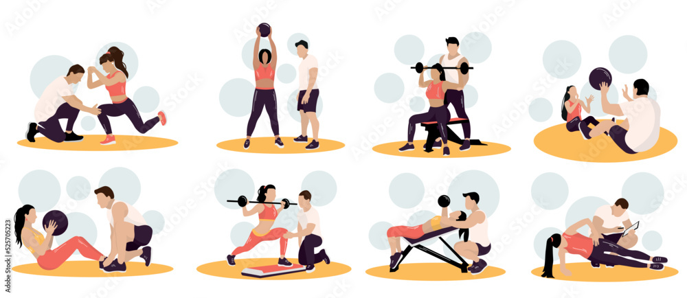 Set of sporty woman training with coach on white background