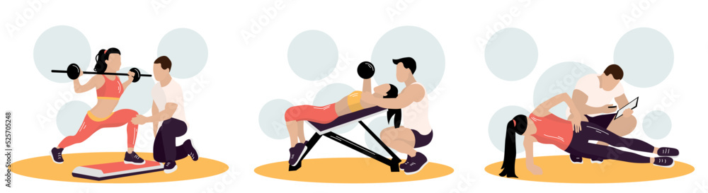 Set of sporty woman training with coach on white background