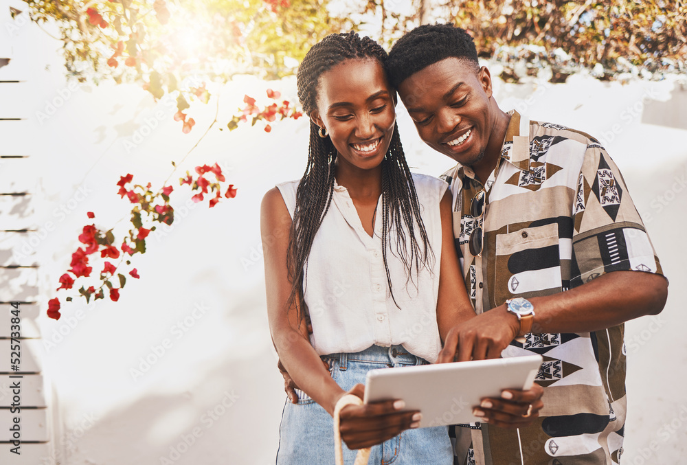 Digital influencer couple with tablet on social media app reading online notification or a funny int