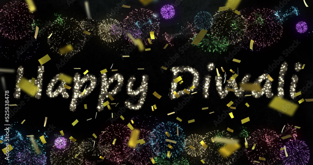 Image of happy diwali over fireworks on black background