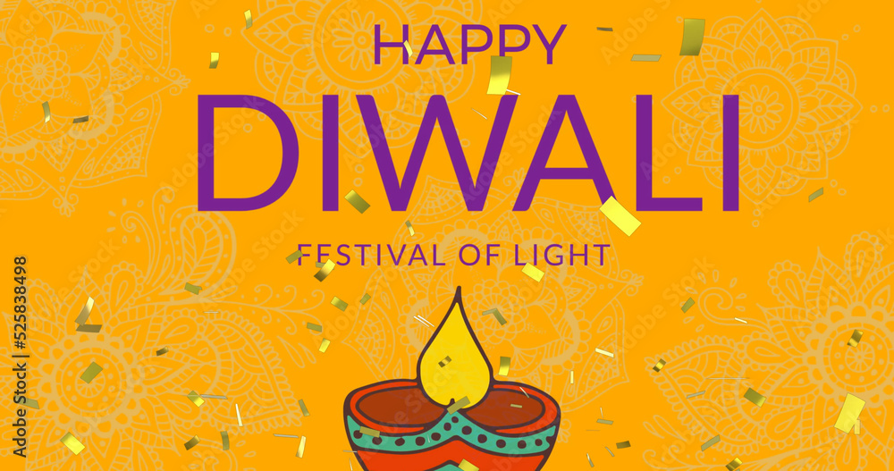 Image of happy diwali festival of light over neon pumpkin on brown background