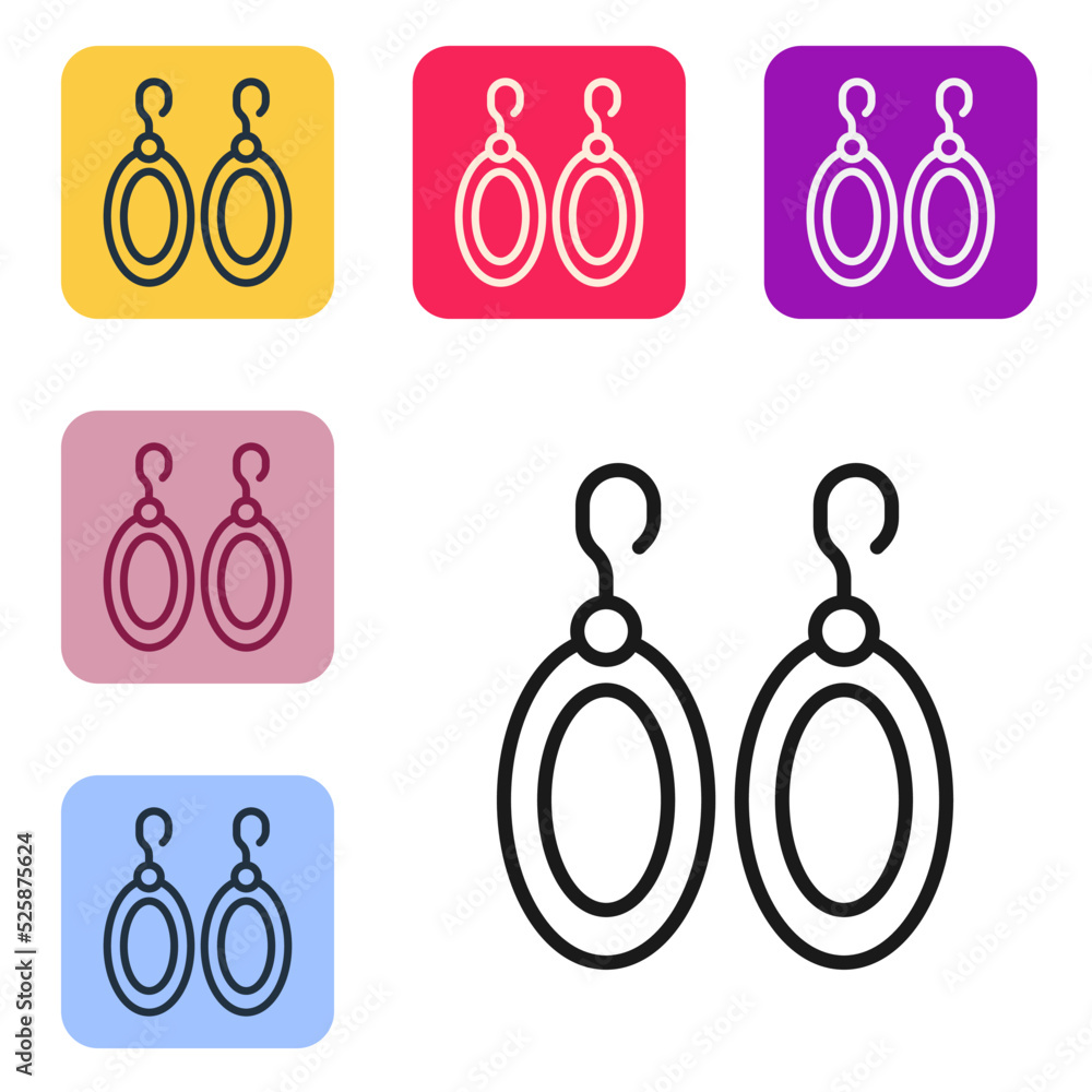 Black line Earrings icon isolated on white background. Jewelry accessories. Set icons in color squar