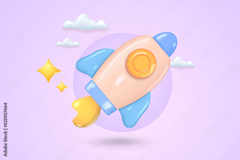 3d cartoon style minimal spaceship rocket icon. Toy rocket upswing ,spewing smoke. Startup, space, b