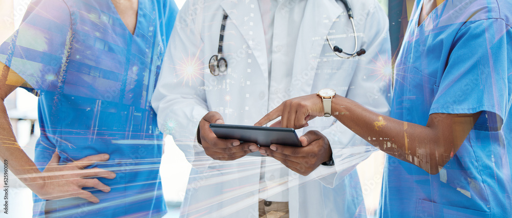 Healthcare, innovation and medical network with a group of nurses and a doctor using tablet to discu