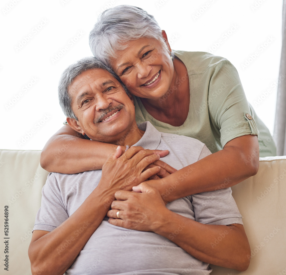 Senior couple portrait, love, and hug in relax home living room bonding in safety, security and trus