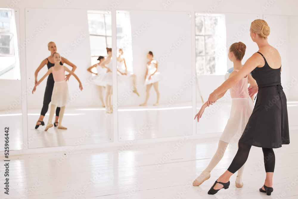 Ballet, student and teacher in dance studio training and motivation support looking in mirror at gir