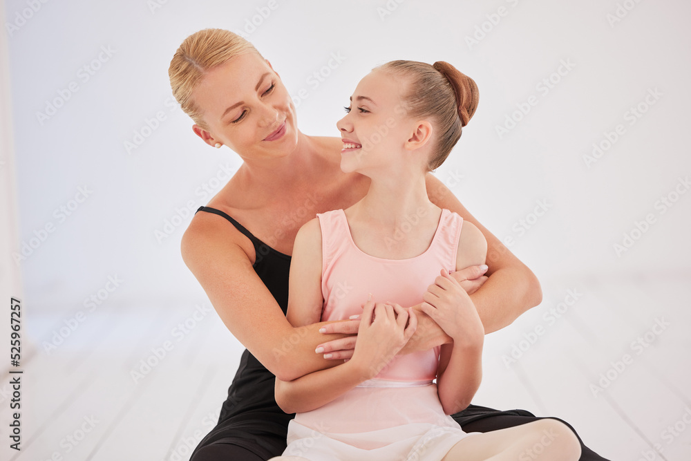 Love, trust and support of a ballet teacher and girl in dance academy with mockup white background. 