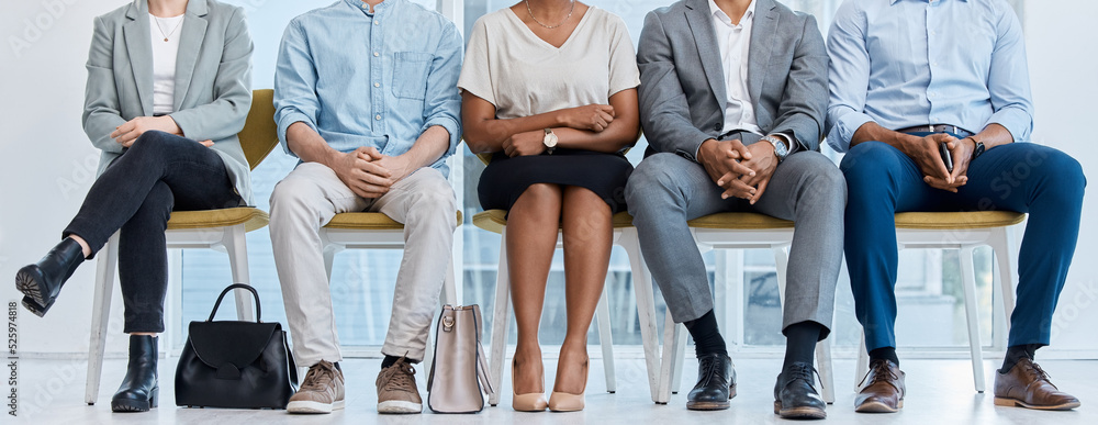 Business diversity, work and corporate workers waiting for a office interview and meeting. Staff, em