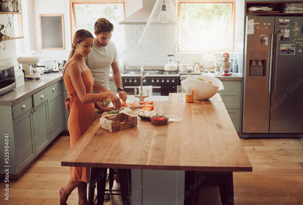 Couple cooking, home food or healthy meal for bonding, happy or fun man and woman in house kitchen t