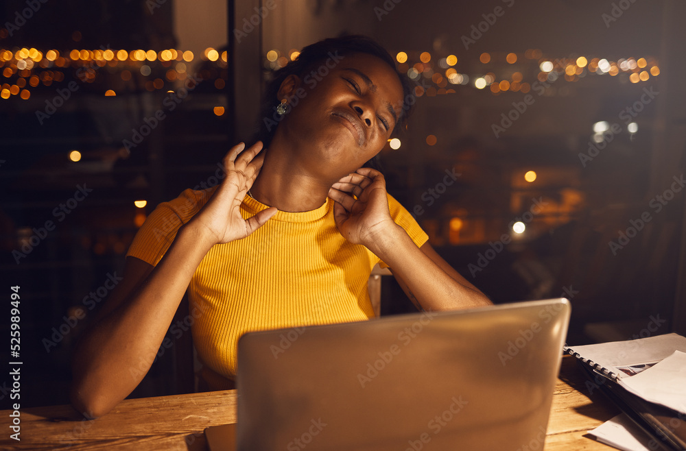 Neck pain, studying hard and work stress of a young female student working late for a test or exam. 