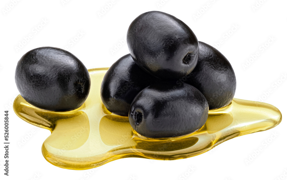 Black olives with flowing oil isolated on white background