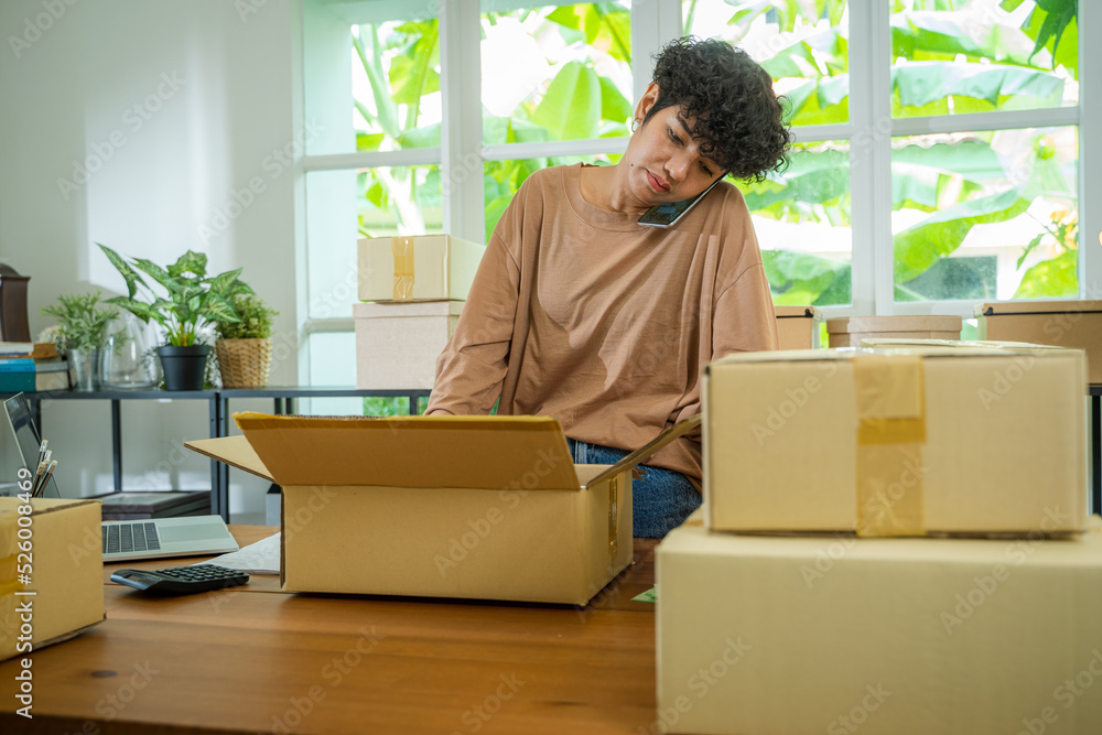 Owners female entrepreneurs prepare to pack boxes,Delivery procurement package box deliver to custom