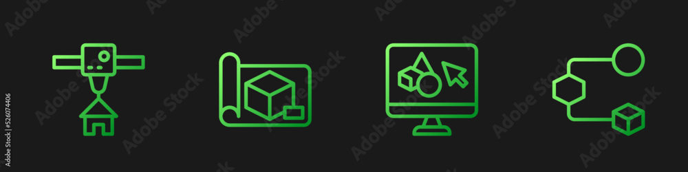 Set line 3D printer software, house, Graphing paper for engineering and Isometric cube. Gradient col