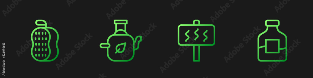 Set line Sauna, Washcloth, Teapot with leaf and Bottle of vodka. Gradient color icons. Vector