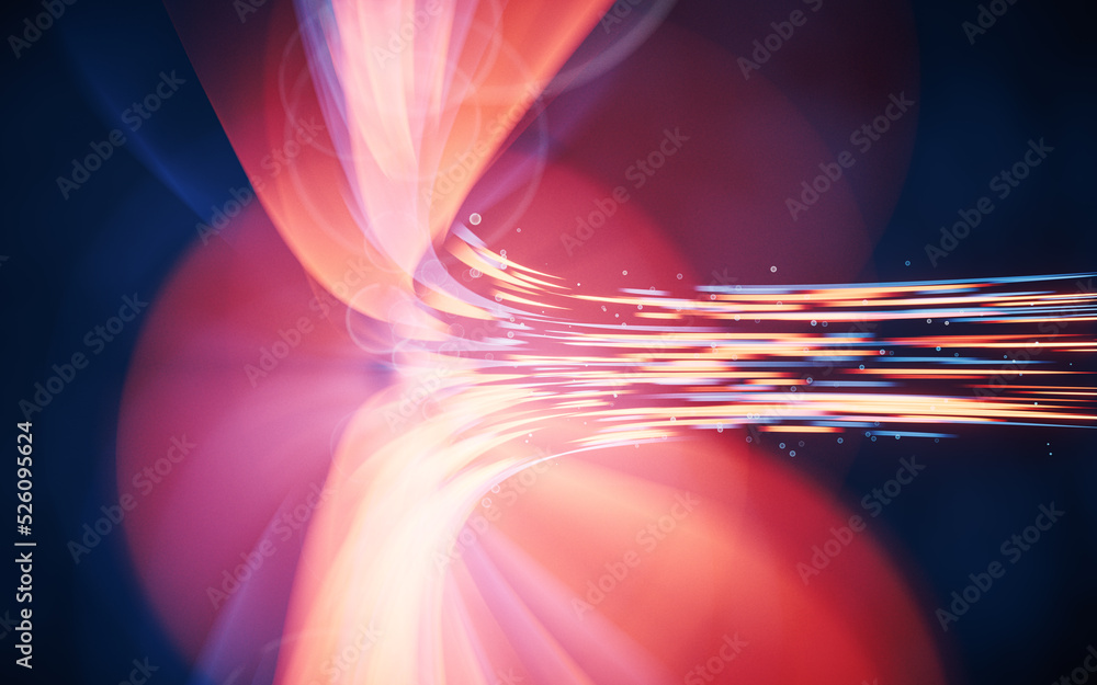 Flowing curves with glowing neon lines, 3d rendering.