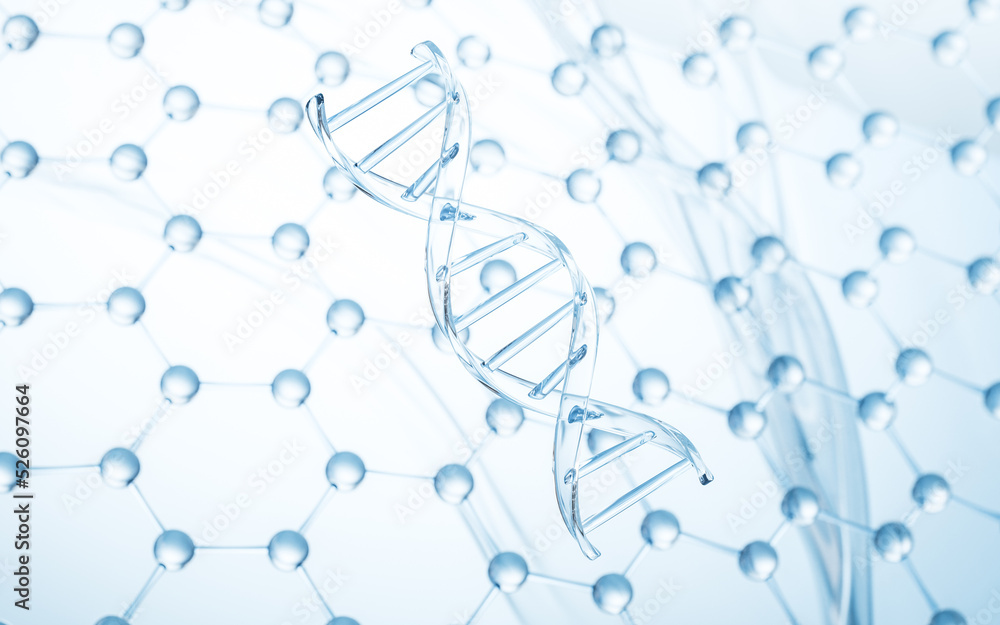 具有分子结构背景的DNA，三维渲染。