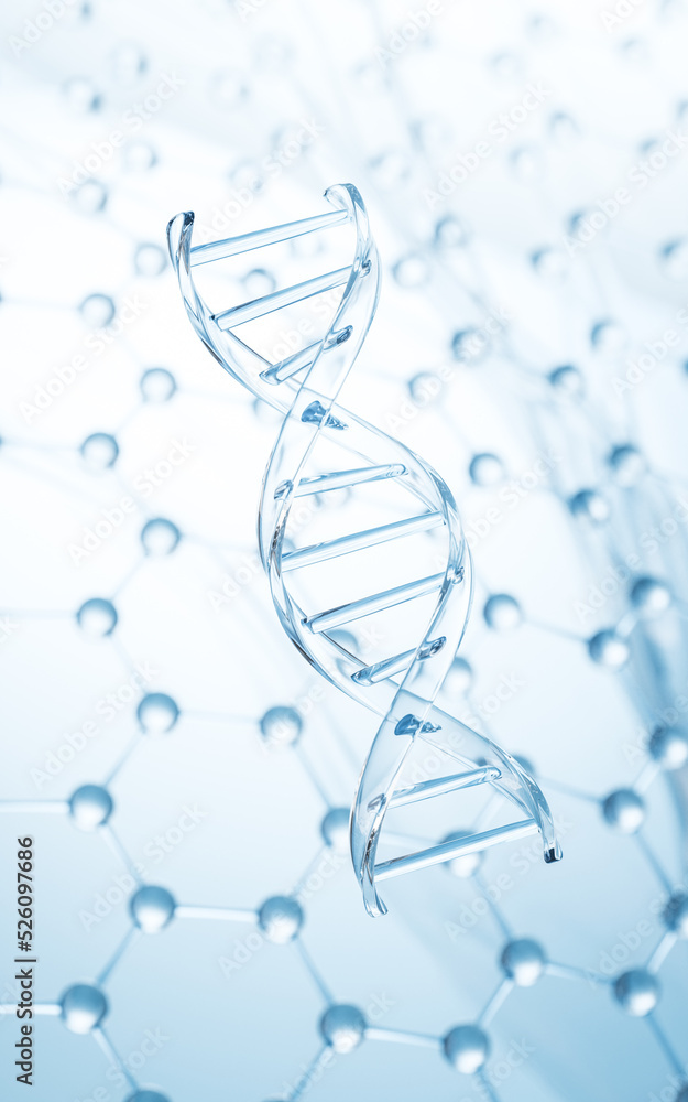 具有分子结构背景的DNA，三维渲染。