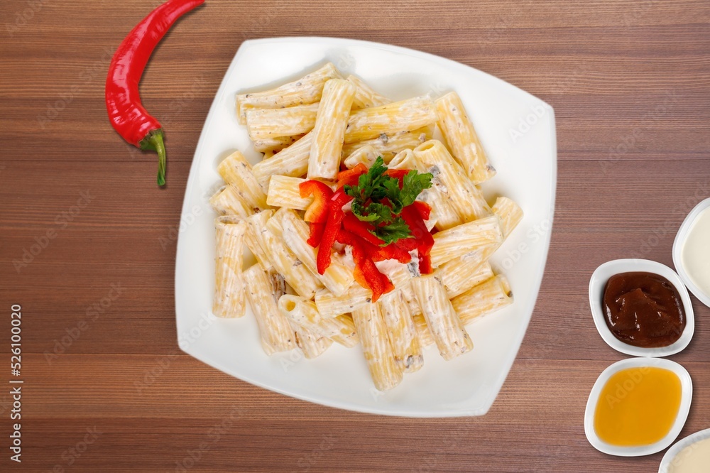 Italian Summer Salad with Pasta on plate. Fresh and healthy summer food