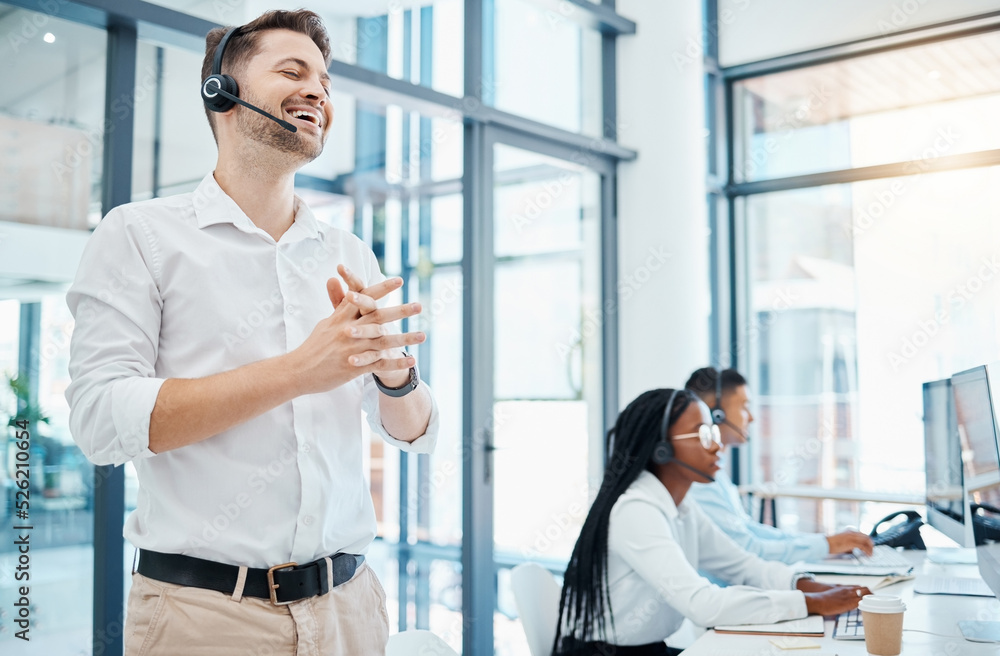 Happy sales man, call center agent and customer service support operator for target success, loan co