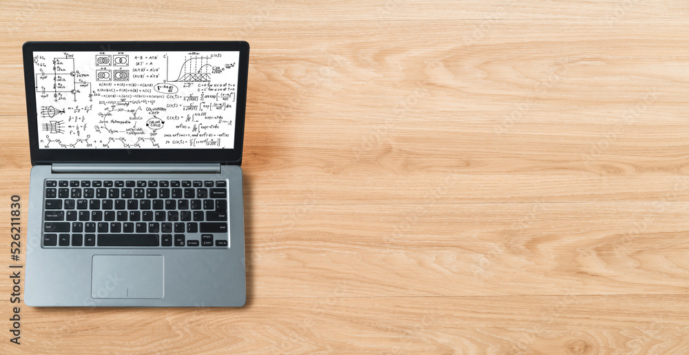 Mathematic equations and modish formula on computer screen showing concept of science and education