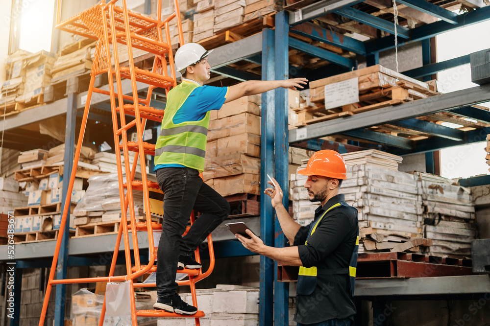 Warehouse manager wearing helmet pointing towards shelf using digital tablet and notepad in warehous