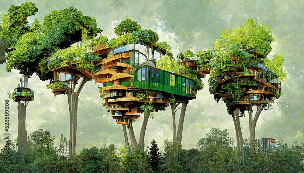 Spectacular image of a sustainable tree house surrounded by greenery in the woods for ESG concept. E