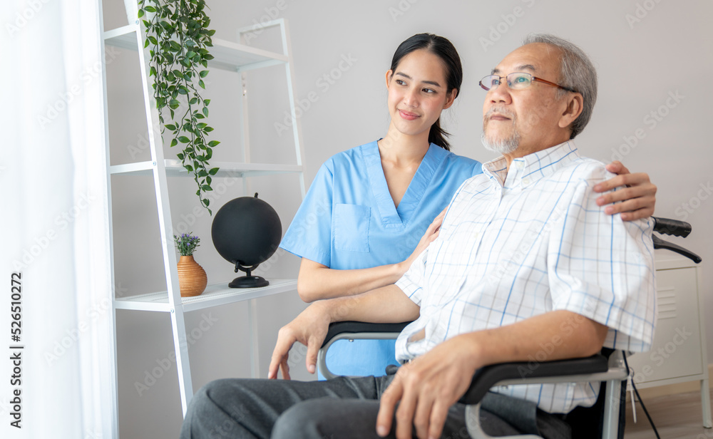 Caring nurse and a contented senior man in a wheel chair at home, nursing house. Medical for elderly