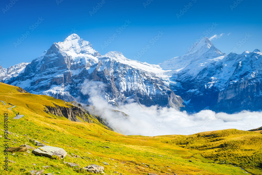 自然。山谷中的山脉和云朵。高山中的自然景观。山地