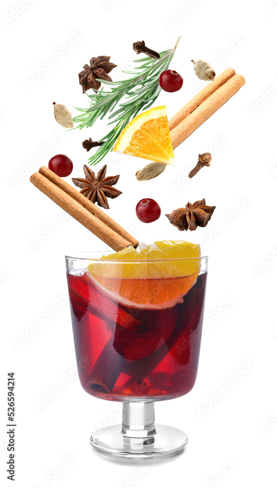 Glass of tasty mulled wine on white background